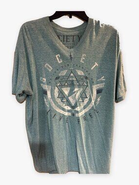 Society Buckle Men's XL Heathered Teal V-Neck Graphic Tee Society of the Sun